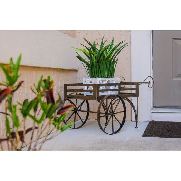 26 Inch Rustic Metal Wagon Cart Plant Stand Flower Holder Patio Art Garden Decor - Picture 5 of 11